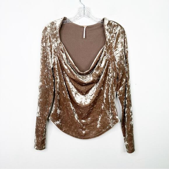 FREE PEOPLE | Perfect Date Cowlneck Golden Brown Velvet Long Sleeve Top Medium - Picture 3 of 4